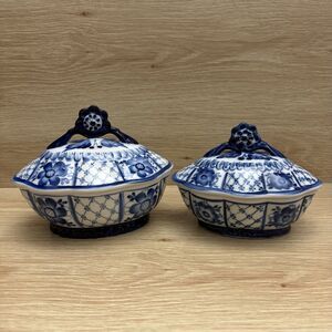 2 Lot Gzhel Russian Porcelain Blue White Lidded Bowl Floral Hand Painted Vintage